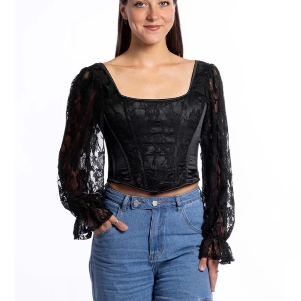 Orchard Corset Anya Satin & Lace Corset Top Size L Sheer Long Sleeves Lace Back